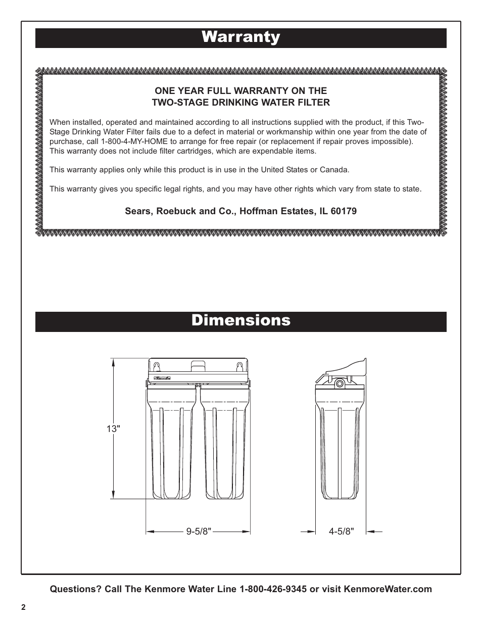 Dimensions warranty | Kenmore 625.38461 User Manual | Page 2 / 16