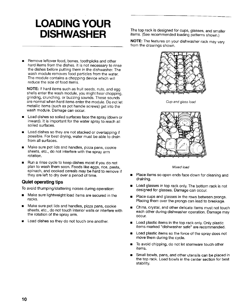 Quiet operating tips, Loading your dishwasher | Kenmore 665.17425 User Manual | Page 10 / 20