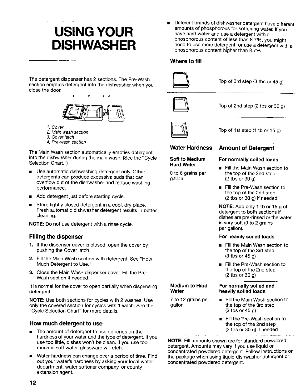 Where to fill, Filling the dispenser, How much detergent to use | Water hardness amount of detergent, For normally soiled loads, For normally soiled and heavily soiled loads, Using your dishwasher | Kenmore 665.17425 User Manual | Page 12 / 20