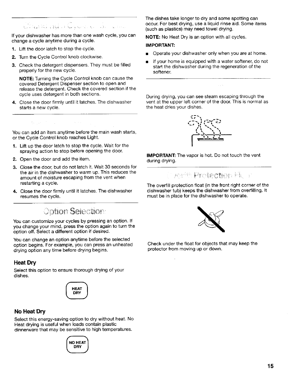 Heat dry, No heat dry, Oiitiofi seieciiofv | Kenmore 665.17425 User Manual | Page 15 / 20