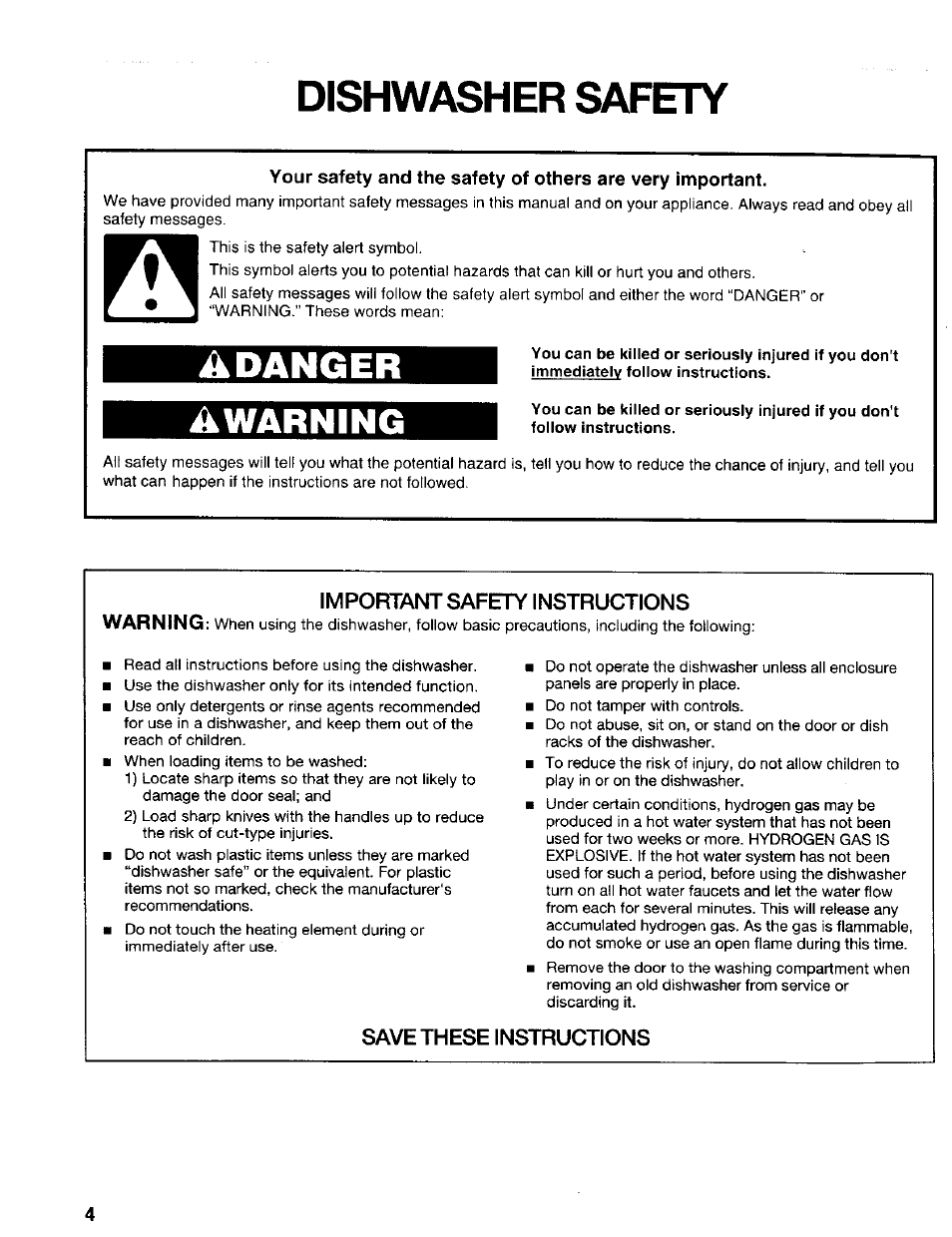 Dishwasher safety, Adanger, Awarning | Important safety instructions, Save these instructions, Adanger awarning | Kenmore 665.17425 User Manual | Page 4 / 20