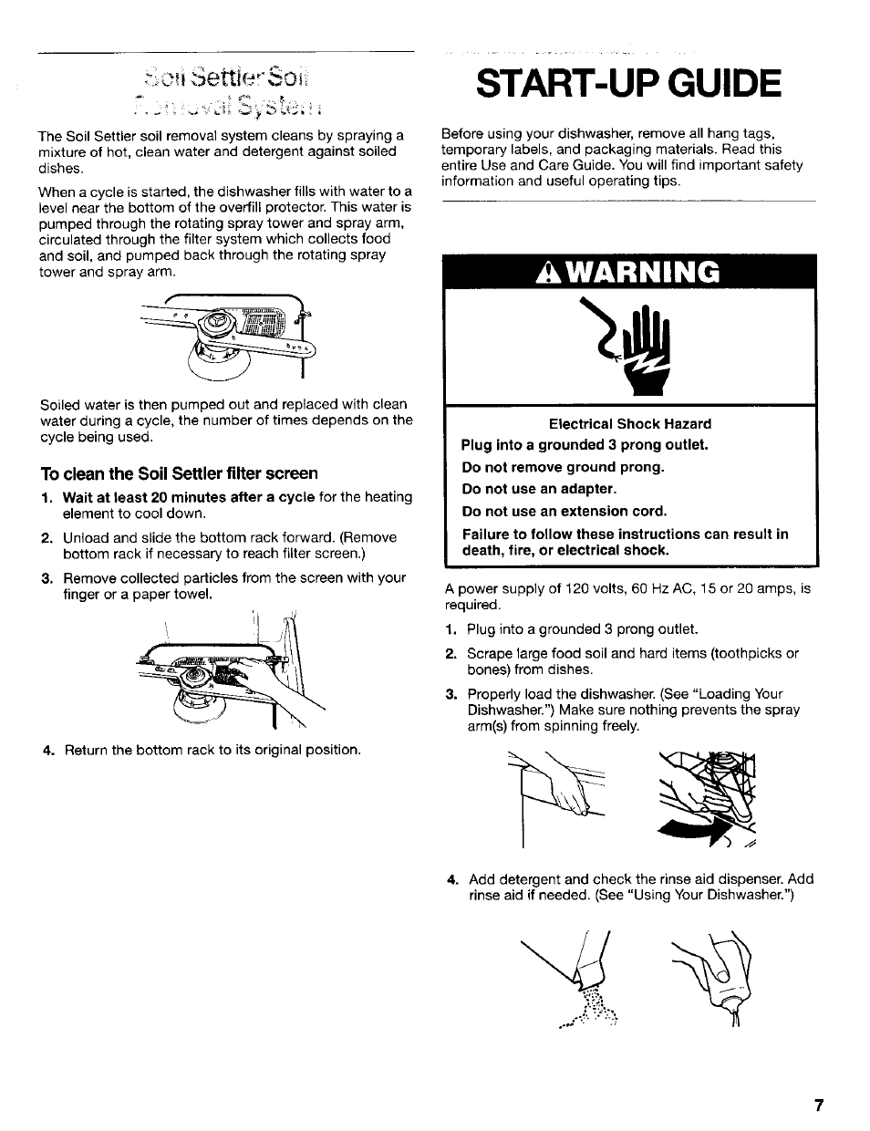 To clean the soil settler filter screen, Start-up guide, Warning | Usettìe^'soiè | Kenmore 665.17425 User Manual | Page 7 / 20