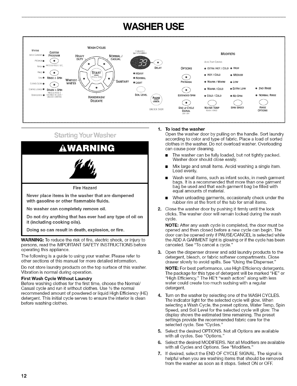 Washer use, Warning | Kenmore 110.4597 User Manual | Page 12 / 64