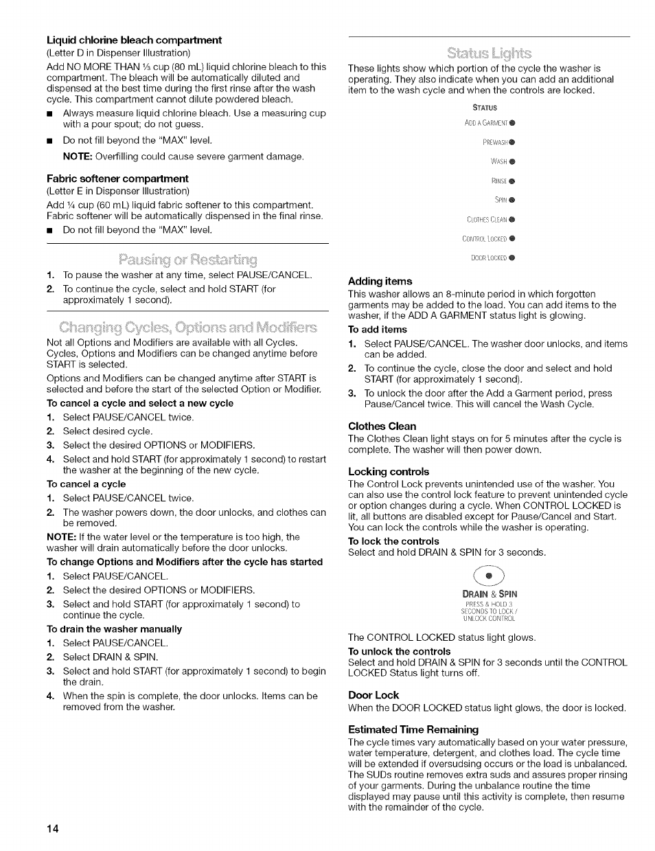 Liquid chiorine bieach compartment, Fabric softener compartment, Adding items | Ciothes ciean, Locking controis, Door lock | Kenmore 110.4597 User Manual | Page 14 / 64