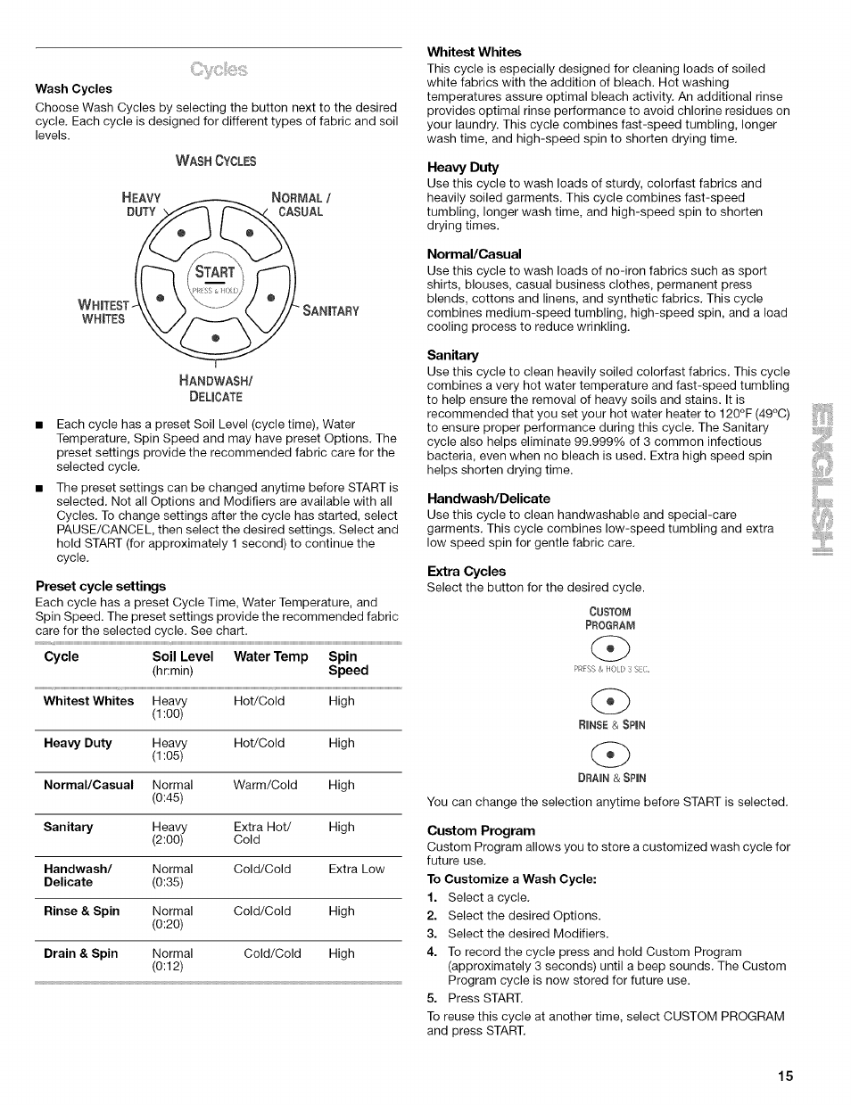 Wash cycles, Preset cycle settings, Whitest whites | Heavy duty, Normal/casual, Sanitary, Handwash/delicate, Extra cycles | Kenmore 110.4597 User Manual | Page 15 / 64