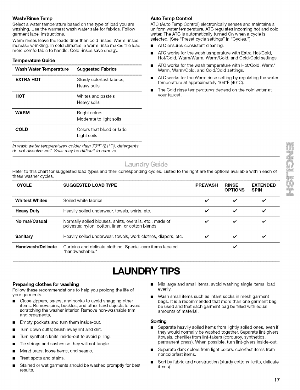 Laundry tips, Wash/rinse temp, Temperature guide | Auto temp control, Preparing clothes for washing, Sorting | Kenmore 110.4597 User Manual | Page 17 / 64