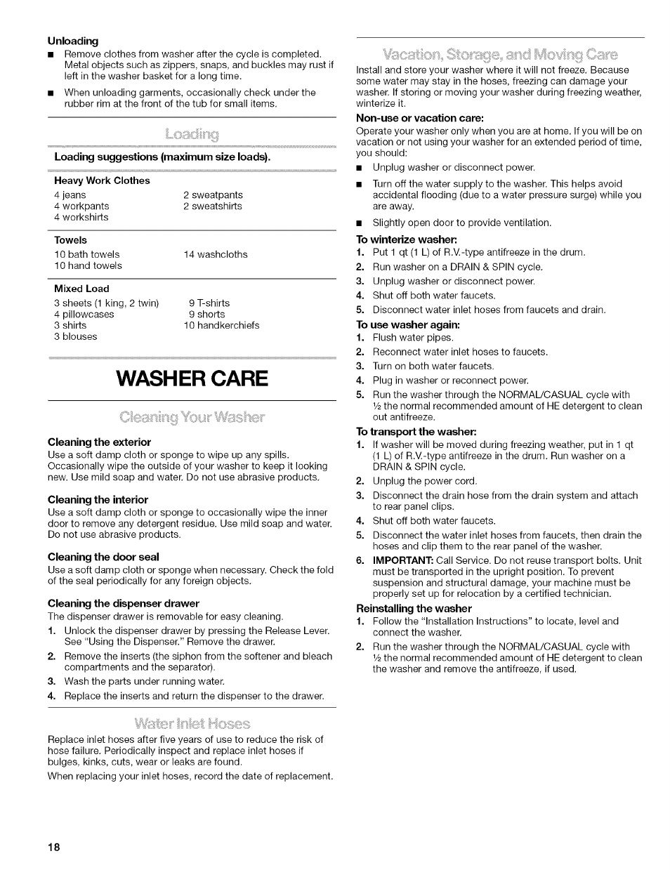 Heavy work clothes, Towels, Mixed load | Washer care | Kenmore 110.4597 User Manual | Page 18 / 64