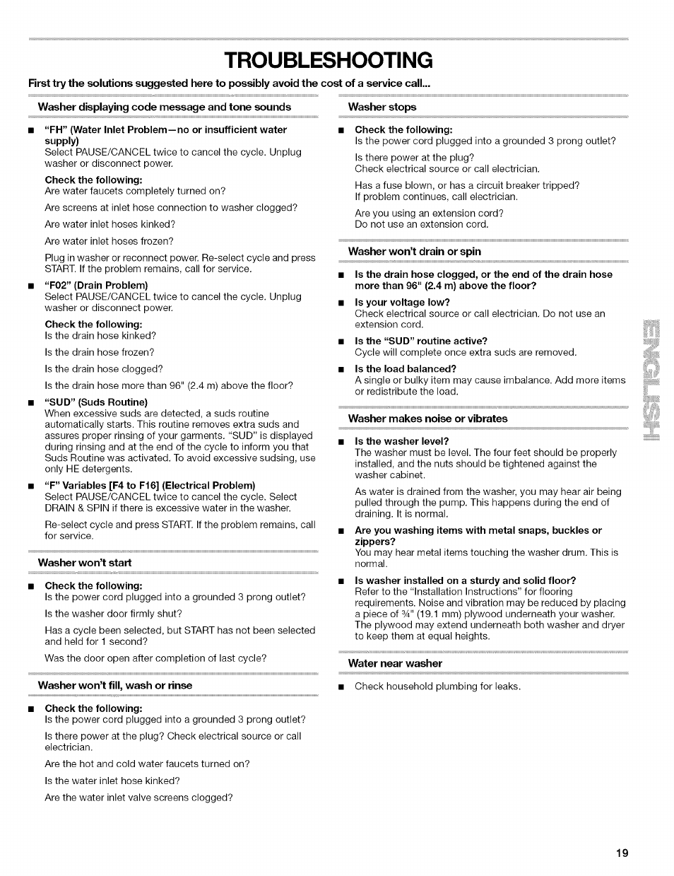 Check the following, Is the “sud” routine active, Is the load balanced | Troubleshooting | Kenmore 110.4597 User Manual | Page 19 / 64