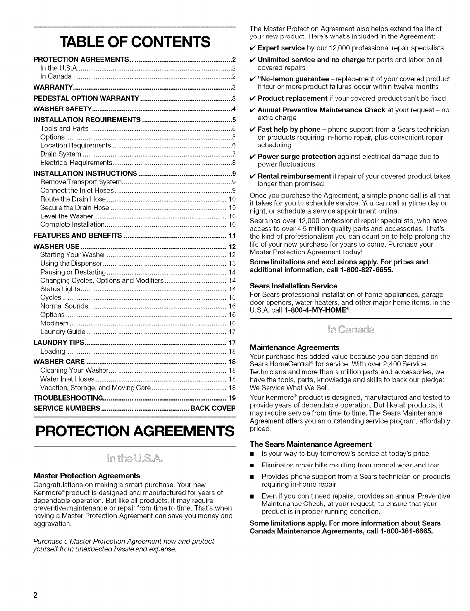 Protection agreements, Master protection agteements | Kenmore 110.4597 User Manual | Page 2 / 64