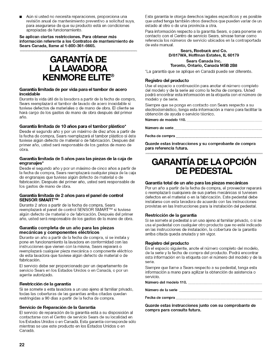 Garantía de la lavadora kenmore elitp, Garantía de la opción de pedestal | Kenmore 110.4597 User Manual | Page 22 / 64