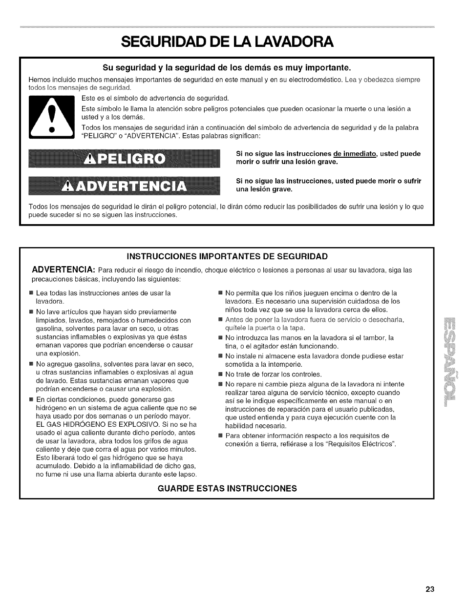 Instrucciones importantes de seguridad, Guarde estas instrucciones, Seguridad de la lavadora | Apeligro aadverten | Kenmore 110.4597 User Manual | Page 23 / 64