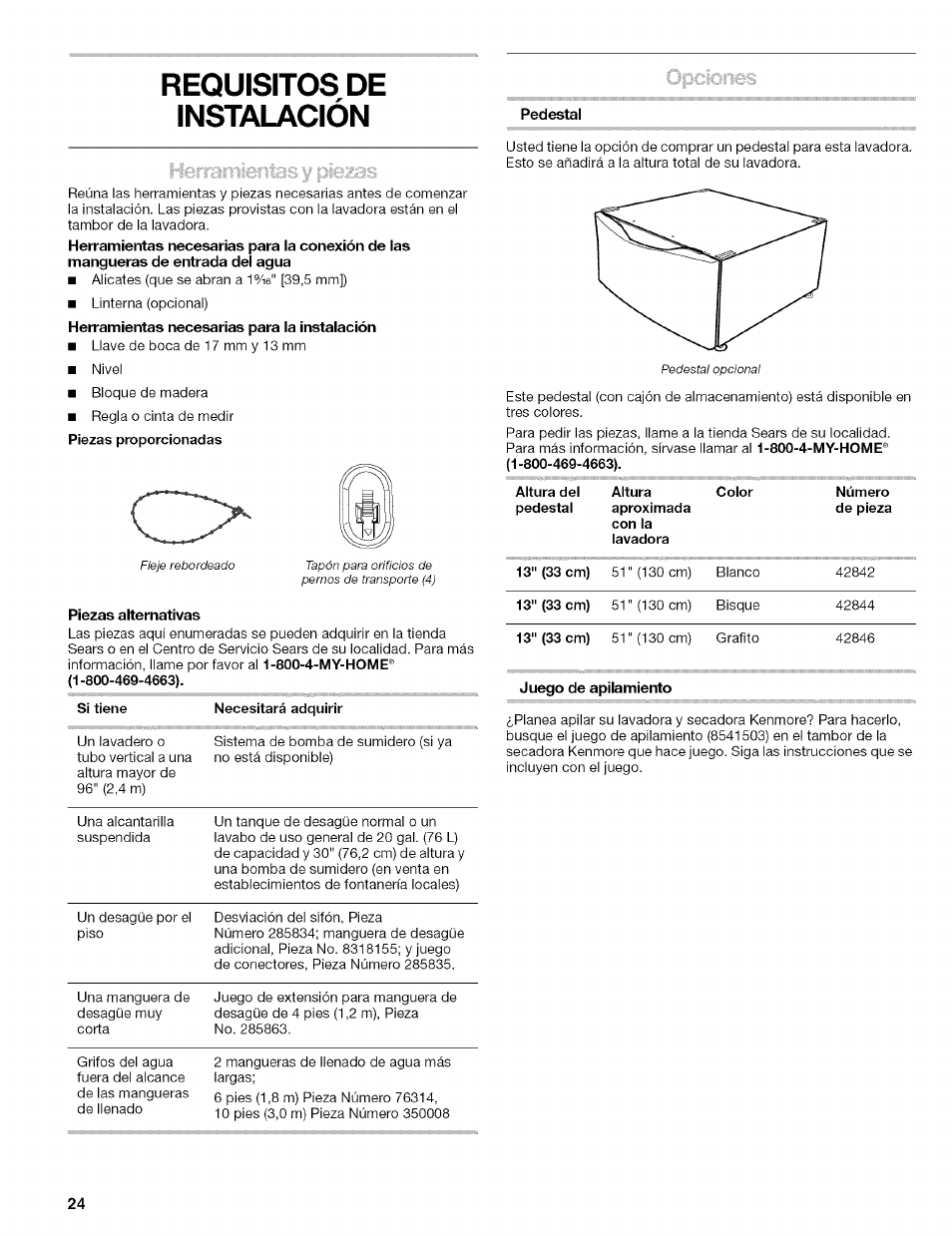 Piezas alternativas, Necesitará adquirir, Pedestal | Requisitos de instalación | Kenmore 110.4597 User Manual | Page 24 / 64