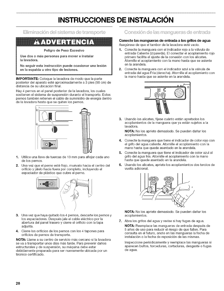 Instrucciones de instalacion, Aadvertencia | Kenmore 110.4597 User Manual | Page 28 / 64