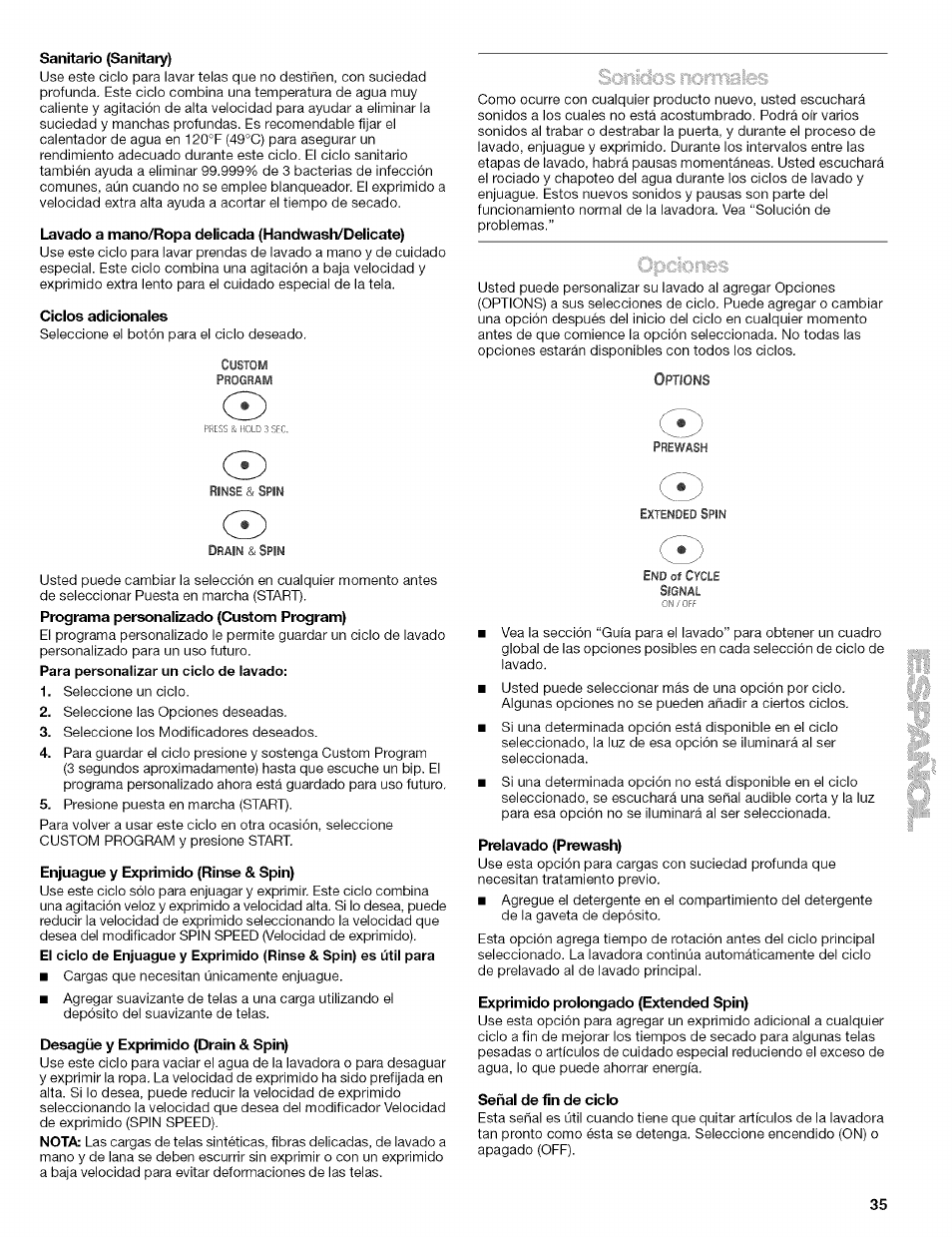 Sanitario (sanitary), Lavado a mano/ropa delicada (handwash/delicate), Ciclos adicionales | Enjuague y exprimido (rinse & spin), Desagüe y exprimido (drain & spin), Prelavado (prewash), Exprimido prolongado (extended spin), Señal de fin de ciclo, Programa personalizado (custom program) | Kenmore 110.4597 User Manual | Page 35 / 64