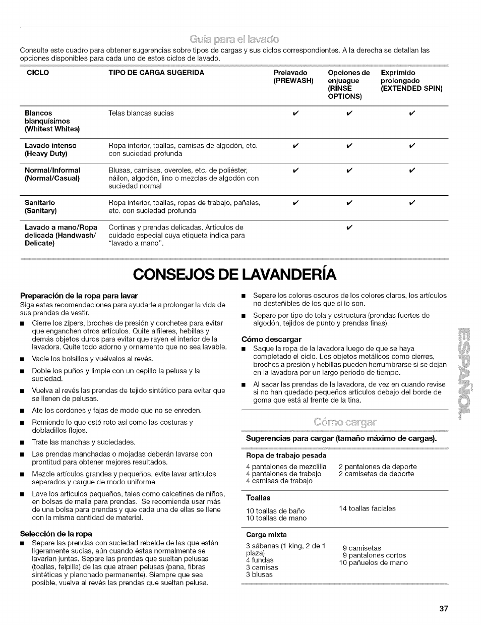 Preparación de la ropa para lavar, Selección de la ropa, Cómo descargar | Consejos de lavanderia | Kenmore 110.4597 User Manual | Page 37 / 64