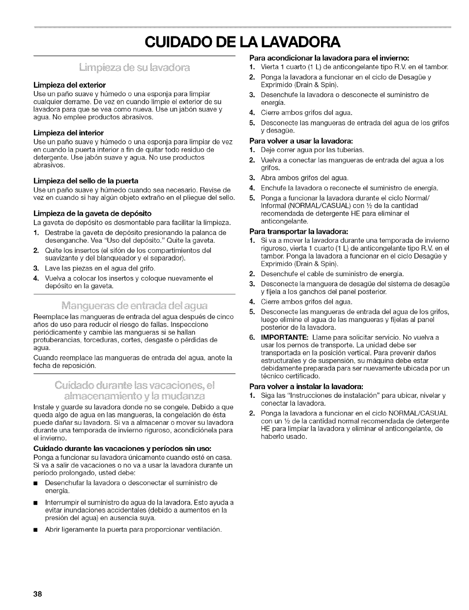 Cuidado de la lavadora | Kenmore 110.4597 User Manual | Page 38 / 64