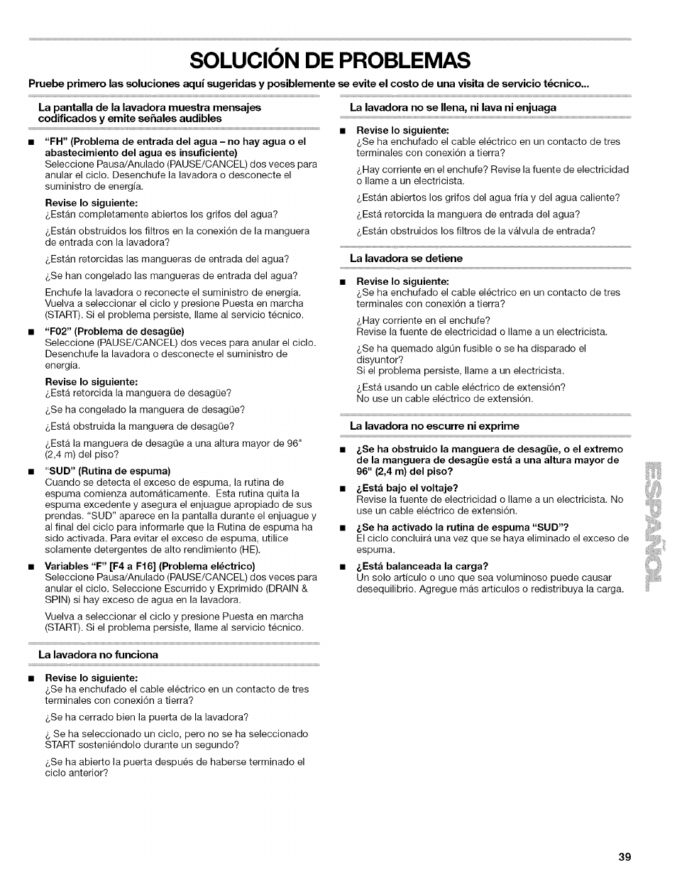 Revise lo siguiente, Solucion de problemas | Kenmore 110.4597 User Manual | Page 39 / 64