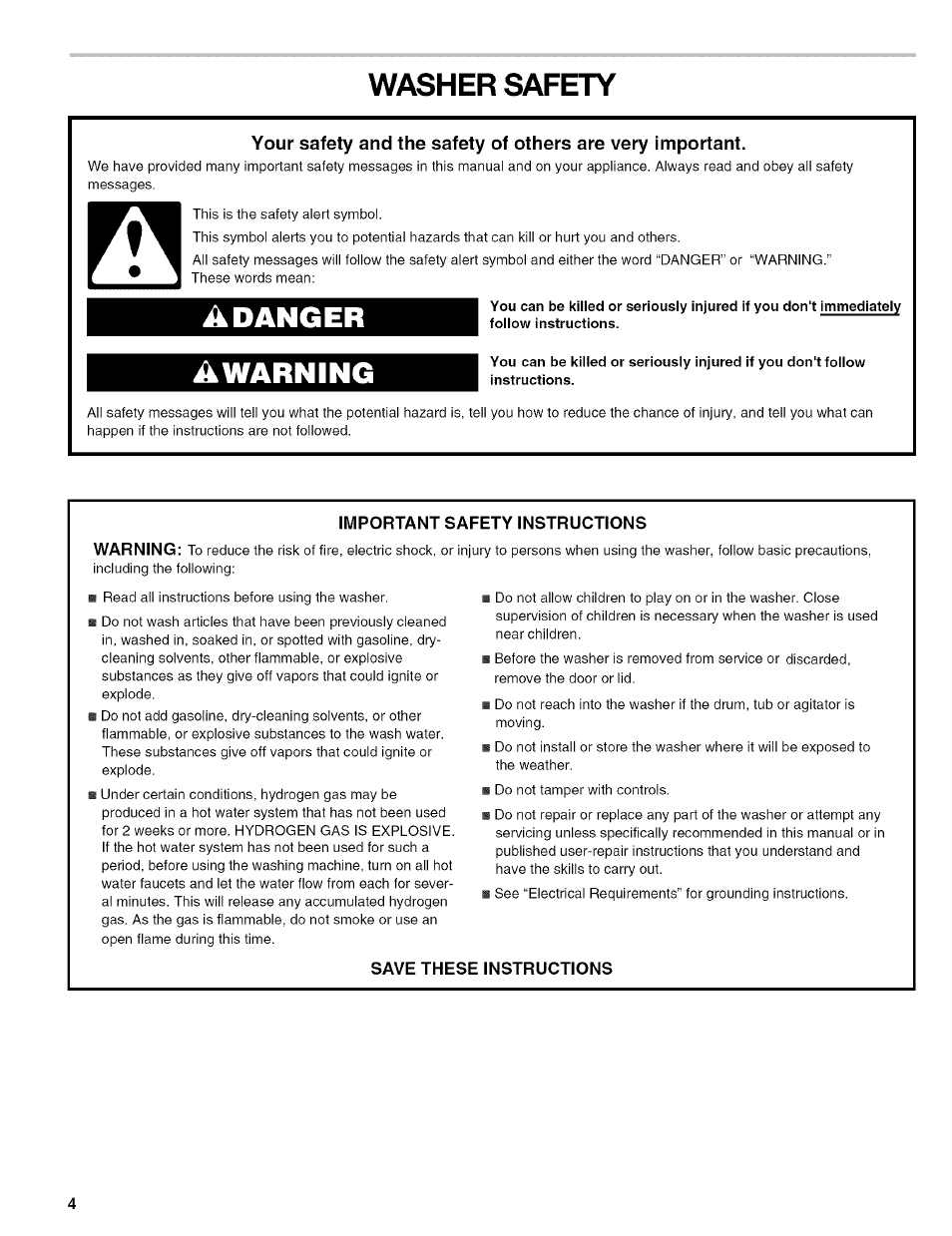 Important safety instructions, Save these instructions, Washer safety | Adanger, Iâk a r nin g | Kenmore 110.4597 User Manual | Page 4 / 64