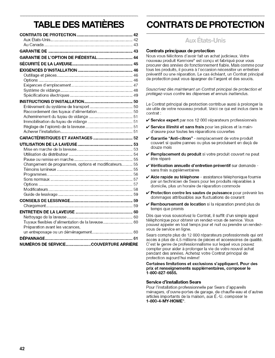 Table des matieres, Contrats de protection | Kenmore 110.4597 User Manual | Page 42 / 64