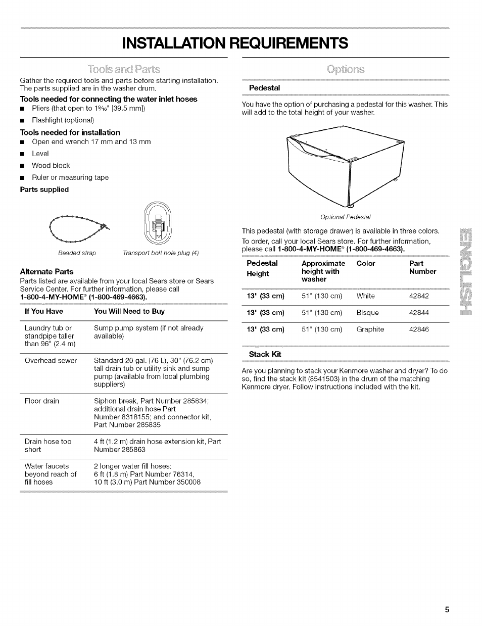 Installation requirements | Kenmore 110.4597 User Manual | Page 5 / 64