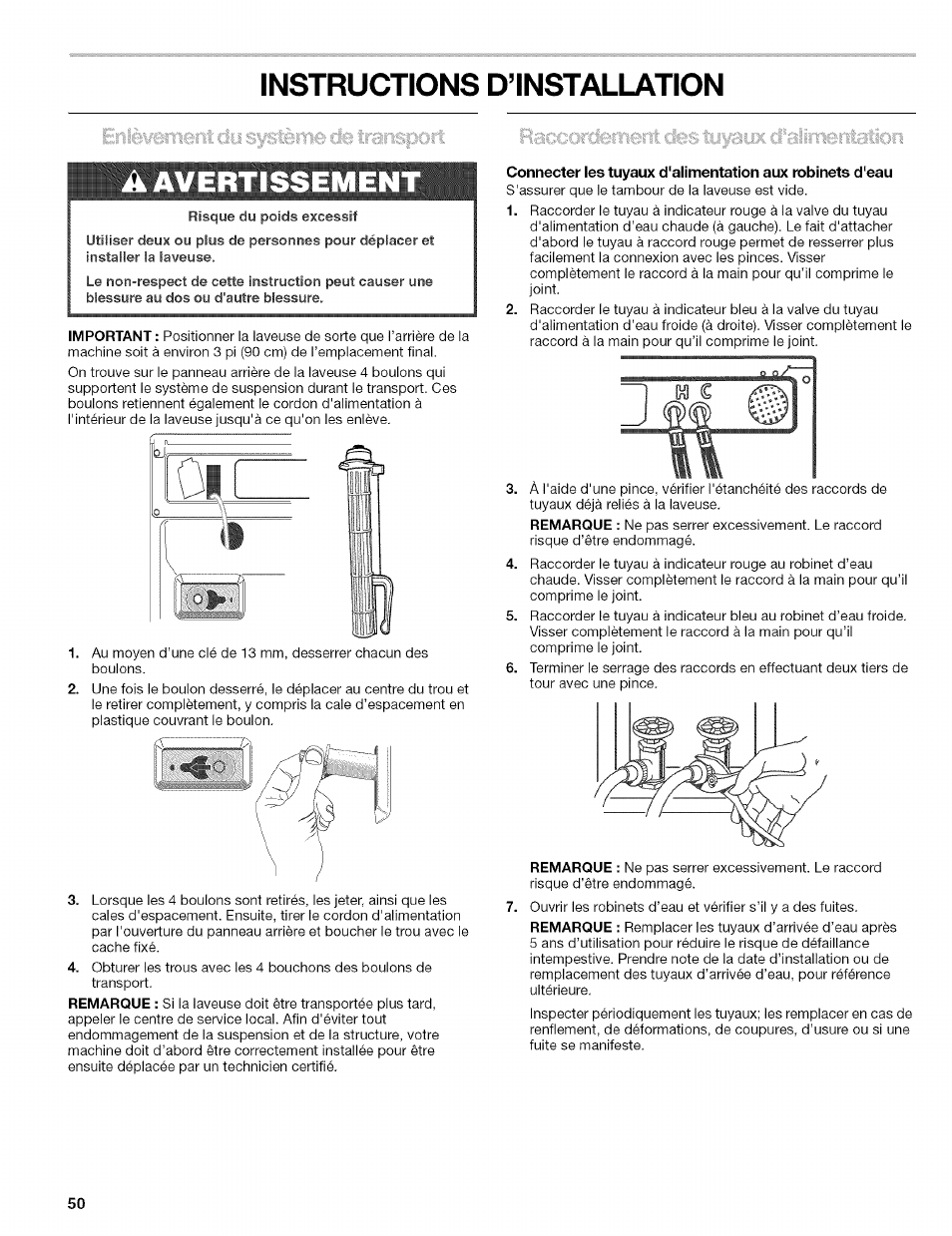 Instructions d’installation, A avertissement | Kenmore 110.4597 User Manual | Page 50 / 64