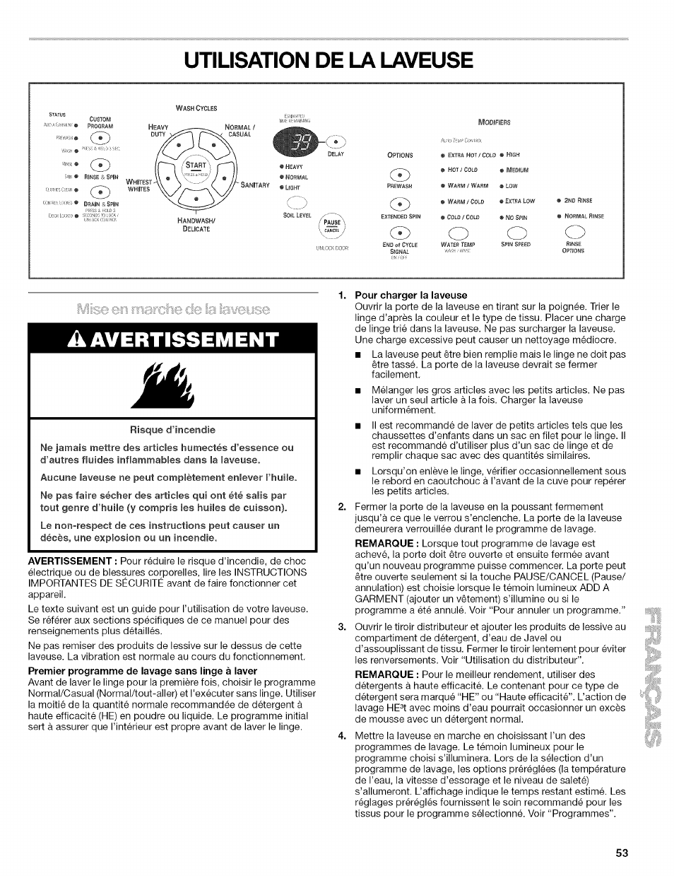 Utilisation de la laveuse, A avertissement | Kenmore 110.4597 User Manual | Page 53 / 64