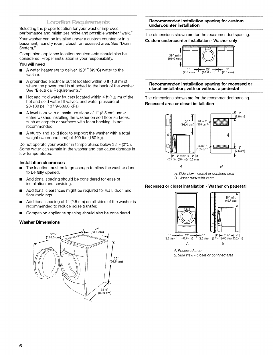 Installation clearances | Kenmore 110.4597 User Manual | Page 6 / 64