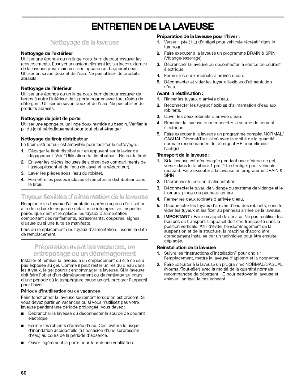 Entretien de, Laveuse | Kenmore 110.4597 User Manual | Page 60 / 64