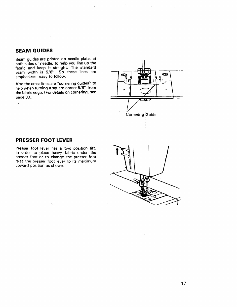 Seam guides, Presser foot lever | Kenmore 17921 User Manual | Page 20 / 65