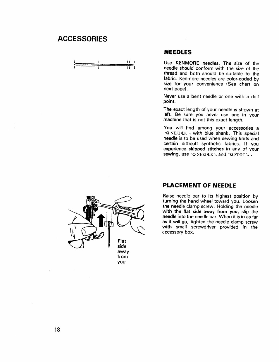 Accessories, Placement of needle, Needles, placement of needle | Kenmore 17921 User Manual | Page 21 / 65