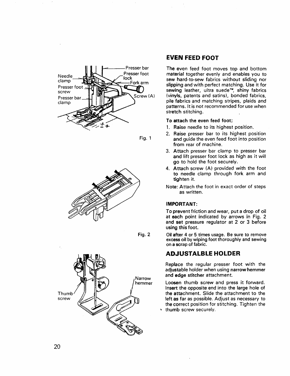 Even feed foot, Important, Adjustalble holder | Kenmore 17921 User Manual | Page 23 / 65