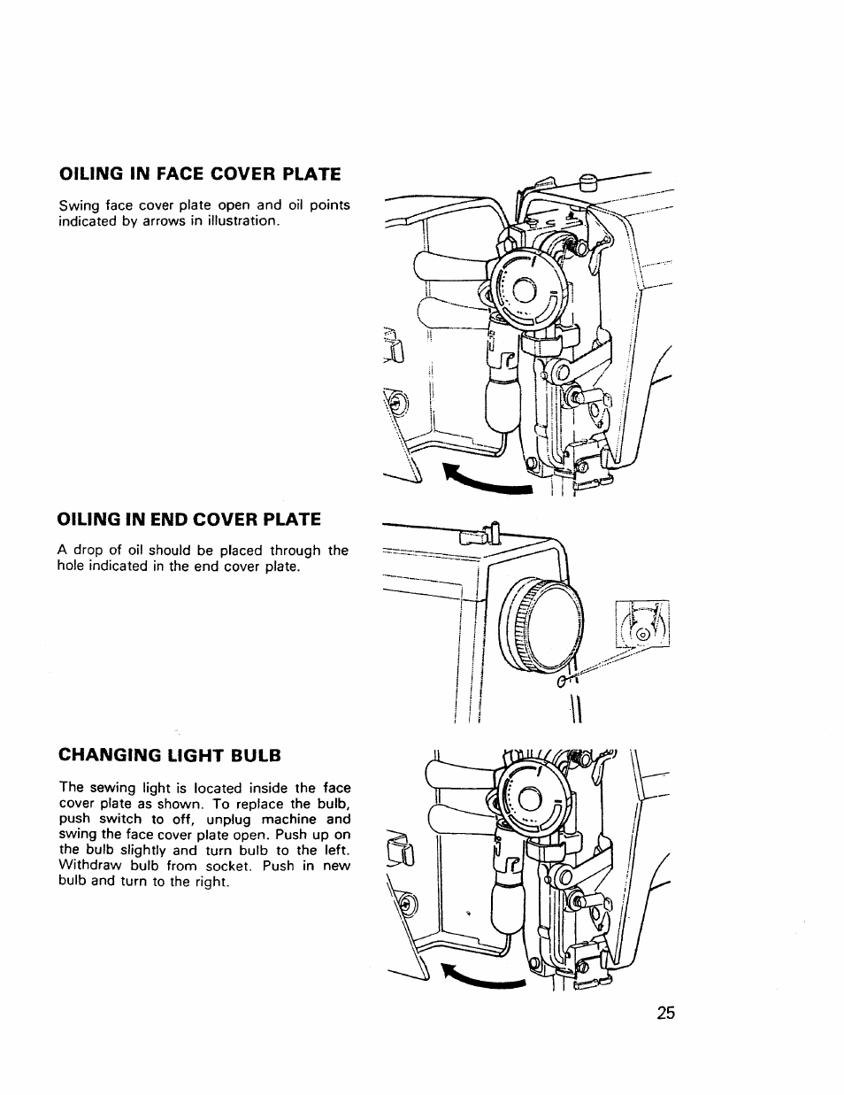 Oiling in face cover plate, Oiling in end cover plate, Changing light bulb | Kenmore 17921 User Manual | Page 28 / 65