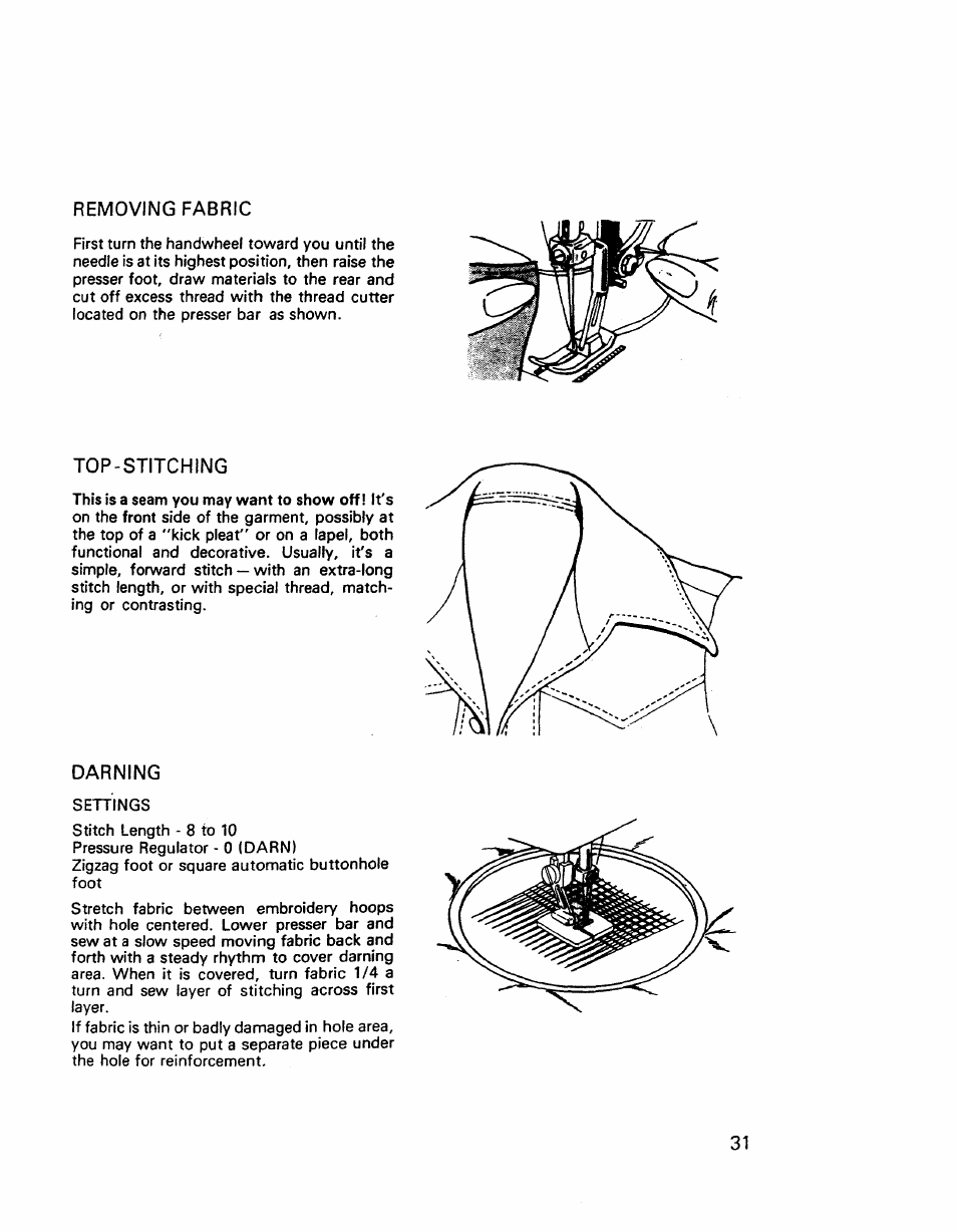 Removing fabric, Top-stitching, Darning | Kenmore 17921 User Manual | Page 34 / 65
