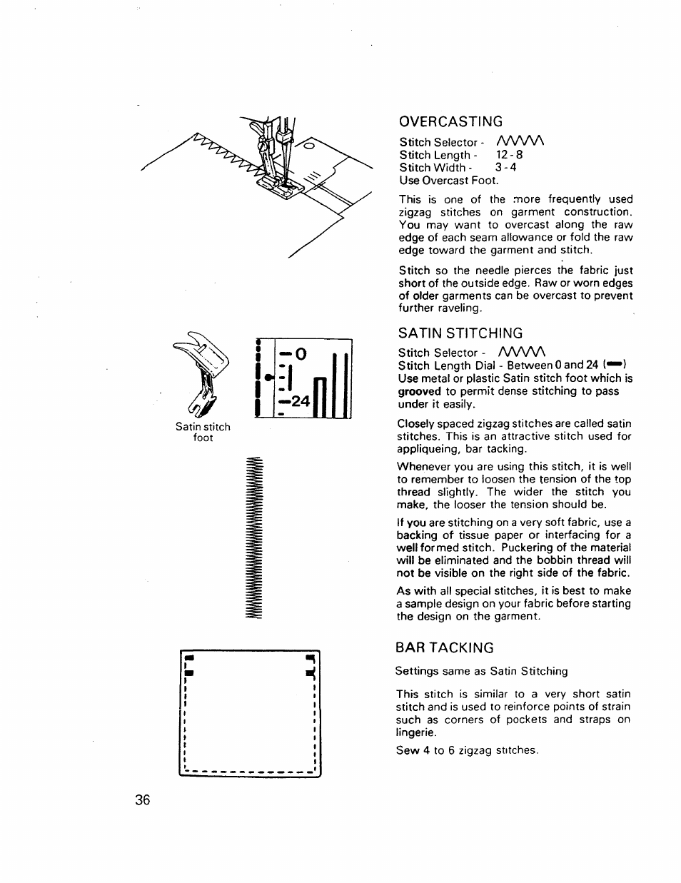 Overcasting, Satin stitching, Bar tacking | Kenmore 17921 User Manual | Page 39 / 65