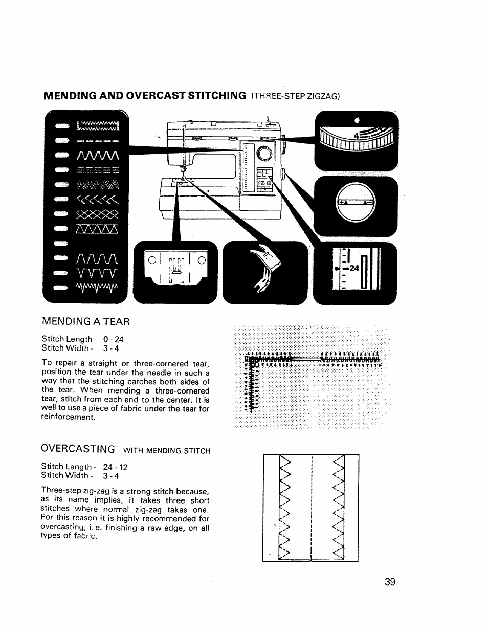 Mending and overcast stitching (three step zigzag), Mending a tear | Kenmore 17921 User Manual | Page 42 / 65