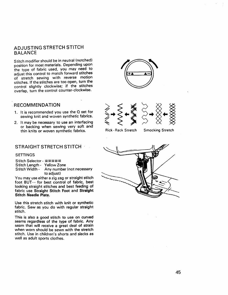 Adjusting stretch stitch balance, Recommendation, Straight stretch stitch | Kenmore 17921 User Manual | Page 48 / 65