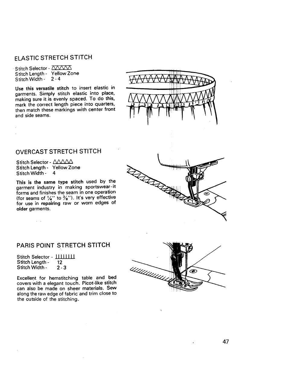 Elastic stretch stitch, Overcast stretch stitch, Paris point stretch stitch | Kenmore 17921 User Manual | Page 50 / 65