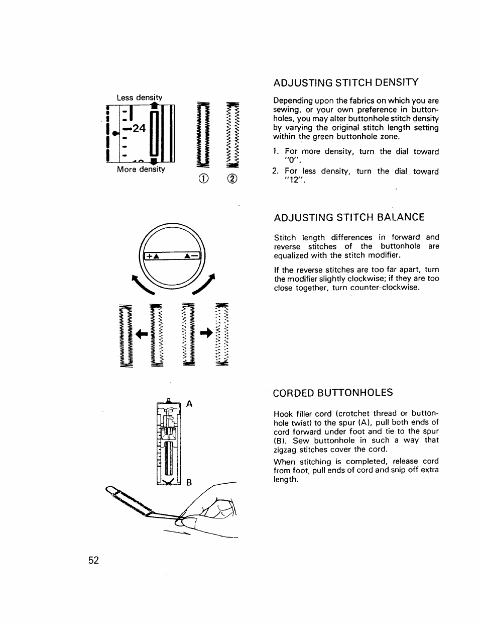 Adjusting stitch density, Adjusting stitch balance, Corded buttonholes | Kenmore 17921 User Manual | Page 55 / 65