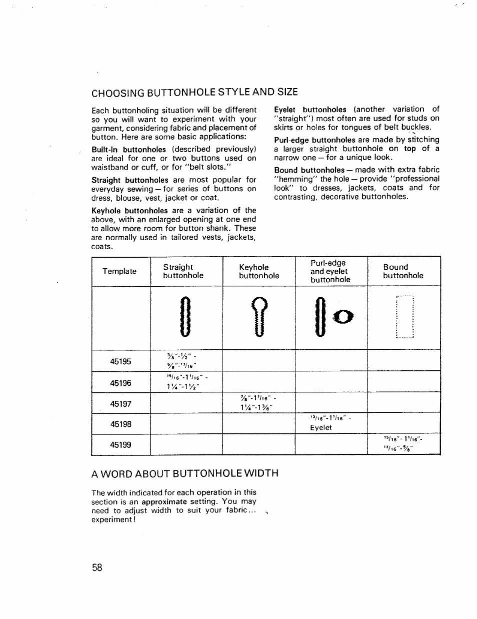 Choosing buttonhole style and size, A word about buttonhole width | Kenmore 17921 User Manual | Page 61 / 65