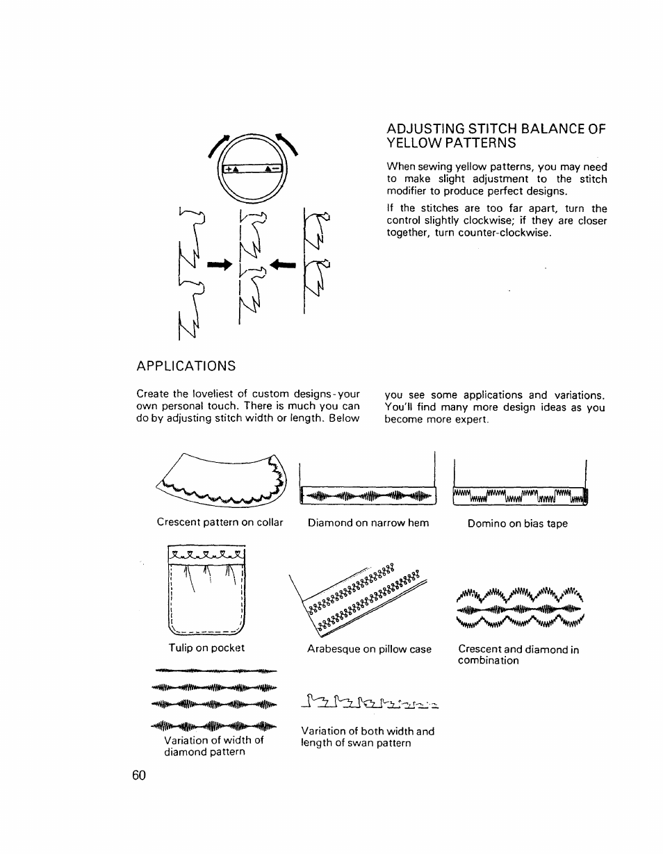 Adjusting stitch balance of yellow patterns, Applications | Kenmore 17921 User Manual | Page 63 / 65