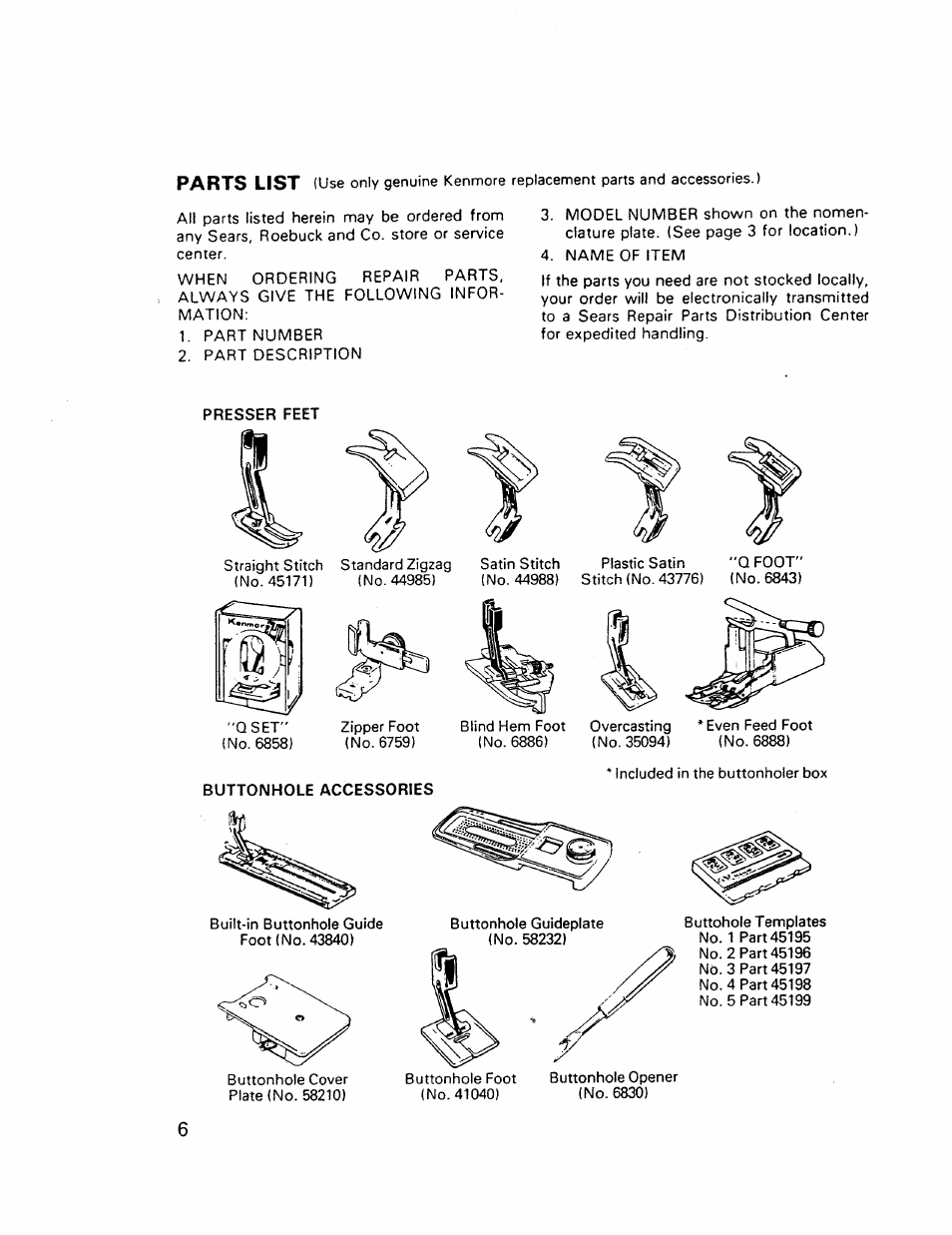 Presser feet, Buttonhole accessories | Kenmore 17921 User Manual | Page 9 / 65