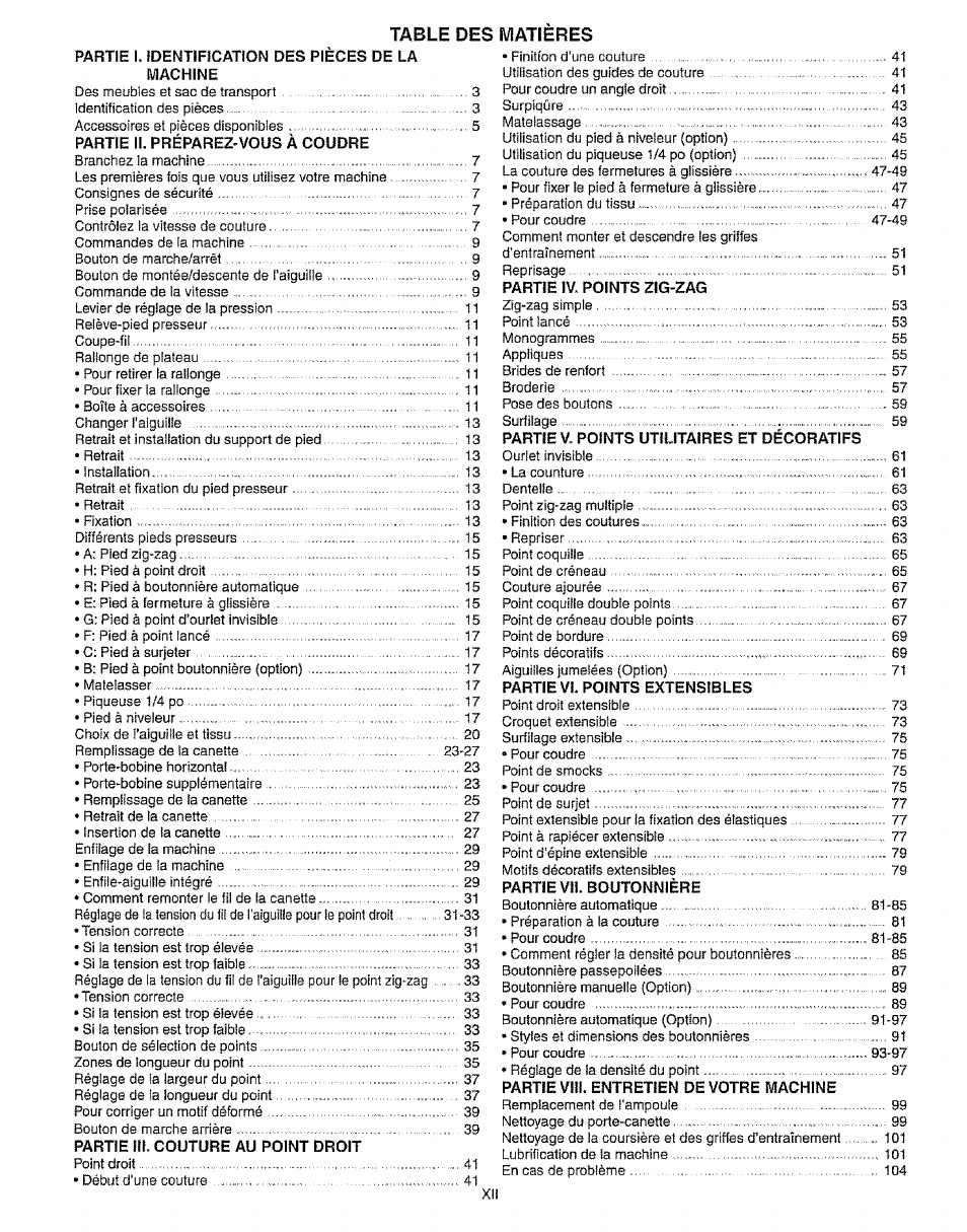 Table des, Matieres | Kenmore 385.16231 User Manual | Page 13 / 117