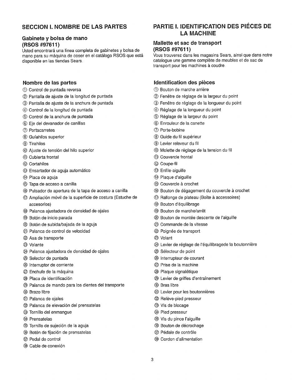 Seccion i. nombre de las partes, Gabinete y bolsa de mano, Partie i. identification des pièces de la machine | Mallette et sac de transport, Nombre de las partes, Identification des pièces, Gabinete y bolsa de mano nombre de las partes | Kenmore 385.16231 User Manual | Page 15 / 117