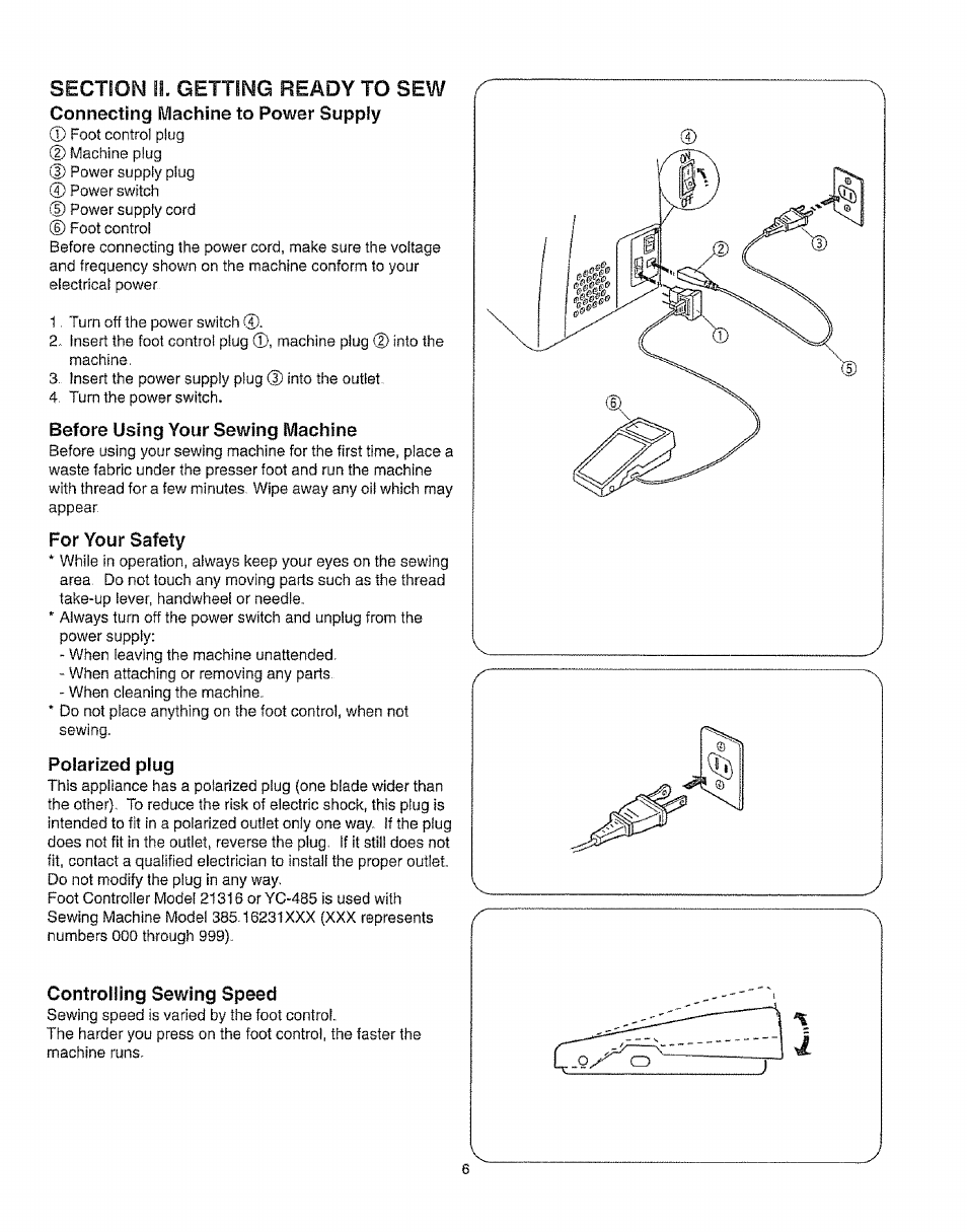 Before using your sewing machine, For your safety, Polarized piug | Controlling sewing speed, Connecting machine to power supply | Kenmore 385.16231 User Manual | Page 18 / 117