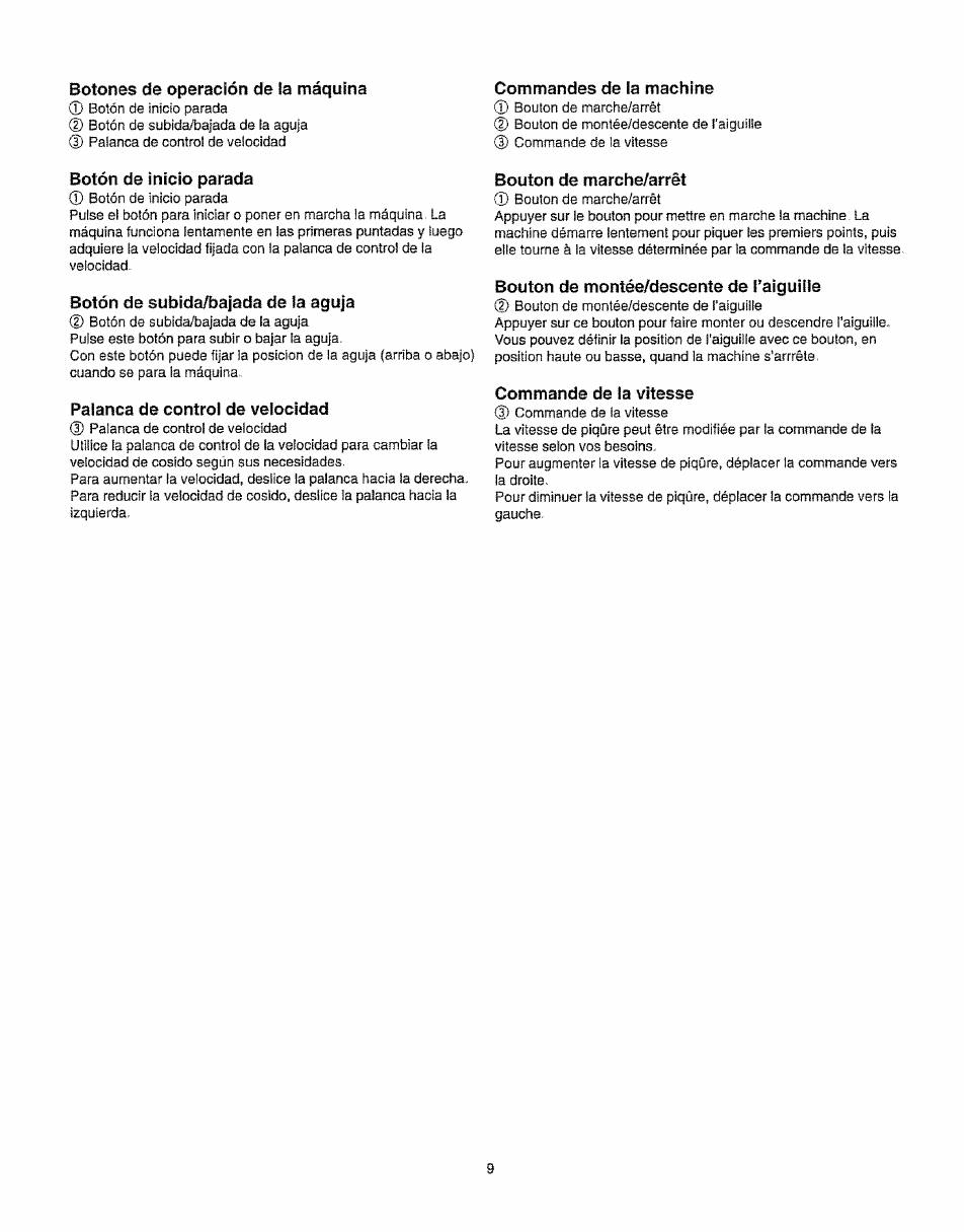 Botones de operación de la máquina, Botón de inicio parada, Botón de subída/bajada de la aguja | Palanca de control de velocidad, Commandes de la machine, Bouton de marche/arrêt, Bouton de montée/descente de l*aiguî!le, Commande de la vitesse, Seccion iv. puntadas de ziq-zag | Kenmore 385.16231 User Manual | Page 21 / 117