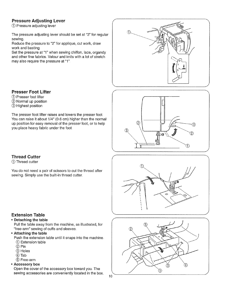 Pressure adjusting lever, Prsss©r l“oot lift©r, Thread cutter | Extension table | Kenmore 385.16231 User Manual | Page 22 / 117