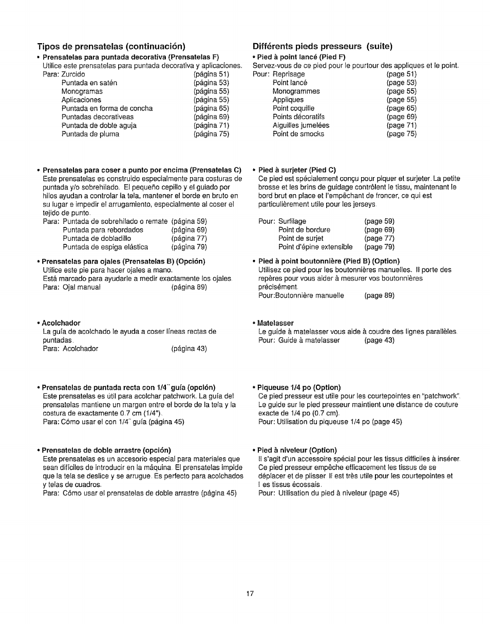 Tipos de prénsatelas (continuación), Différents pieds presseurs (suite) | Kenmore 385.16231 User Manual | Page 29 / 117