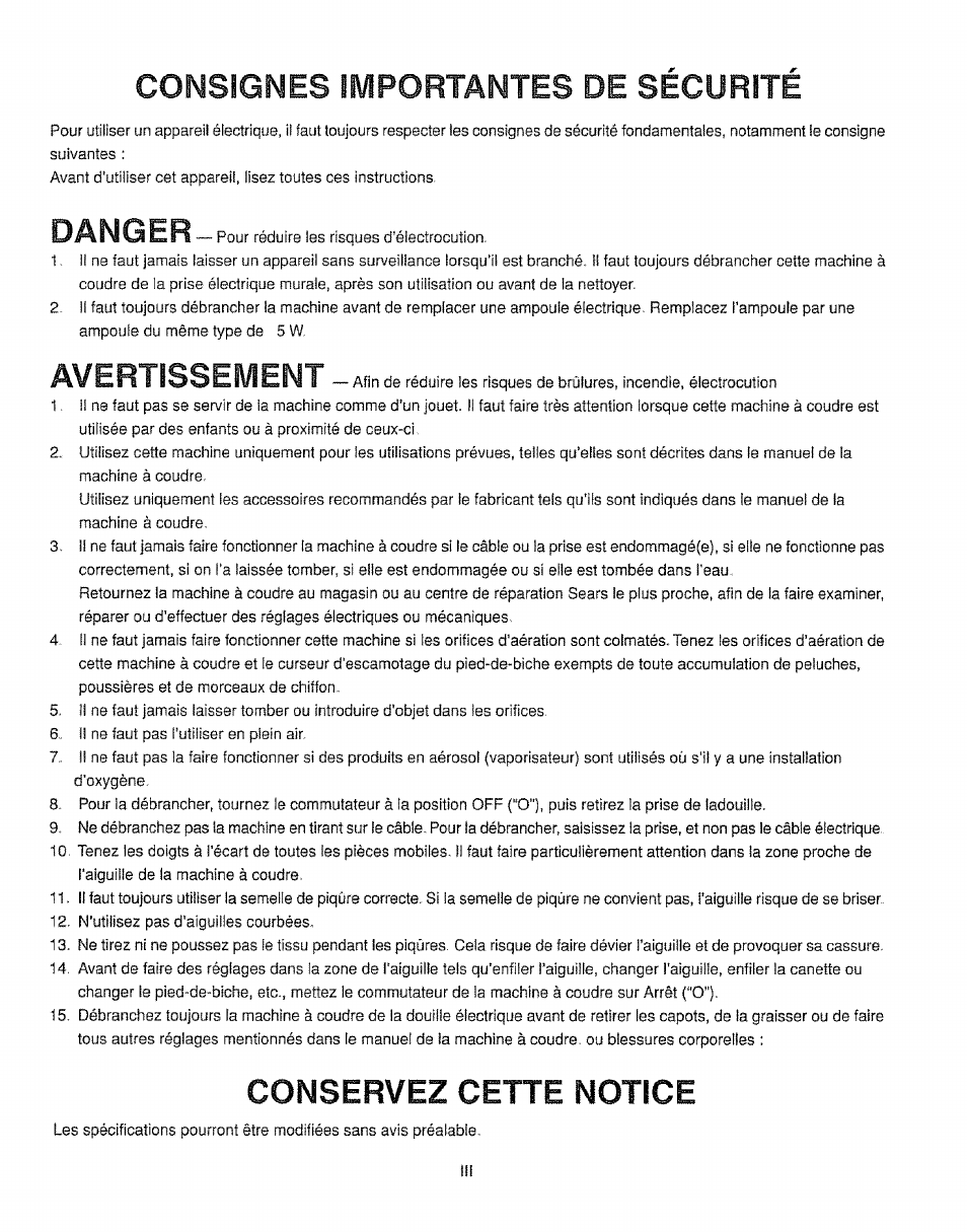 Consignes importantes de securite, Danger, Avertissement | Conservez cette notice | Kenmore 385.16231 User Manual | Page 4 / 117