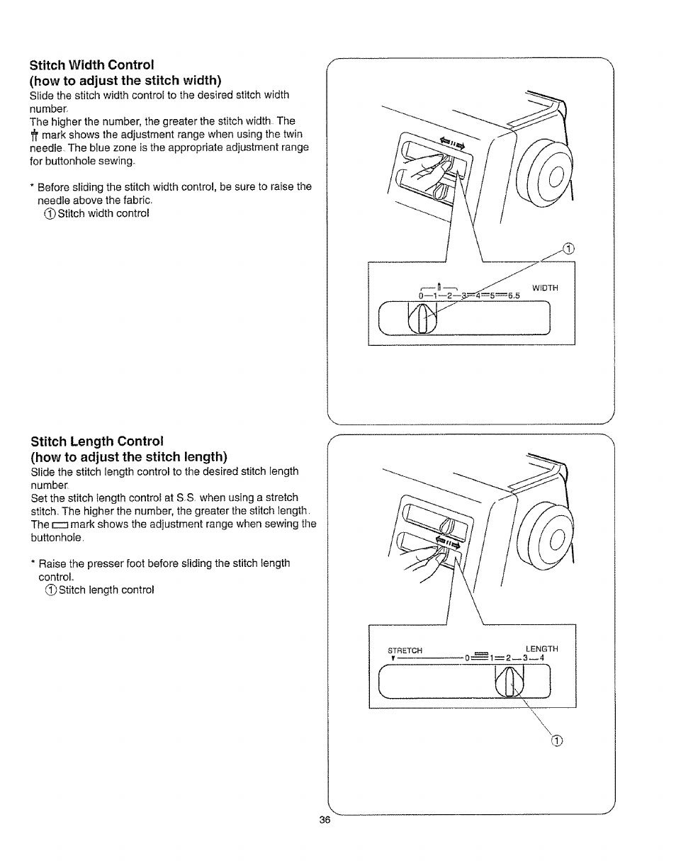 How to adjust the stitch width), Stitch length control, How to adjust the stitch length) | Kenmore 385.16231 User Manual | Page 48 / 117