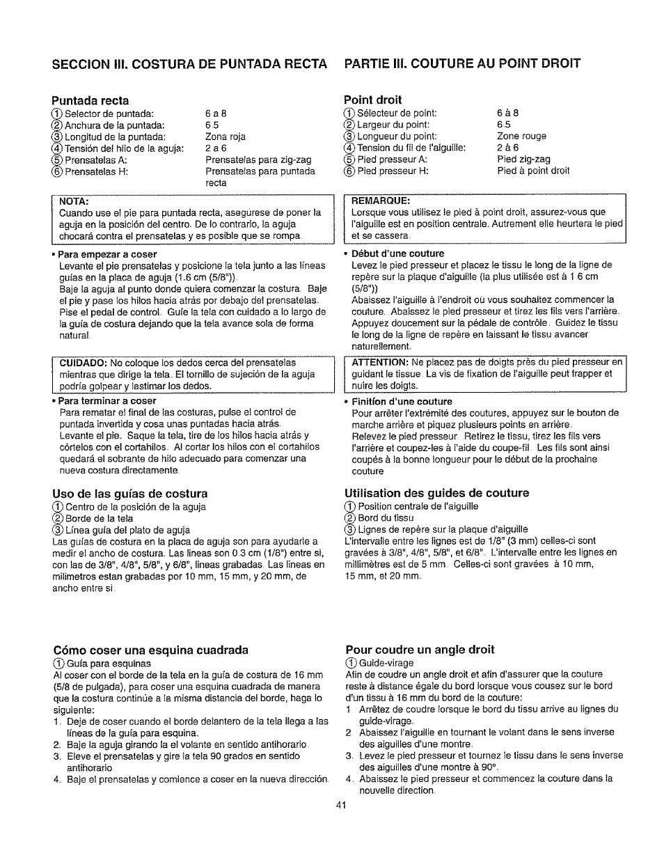 Puntada recta, Uso de las guías de costura, Point droit | Utilisation des guides de couture, Cómo coser una esquina cuadrada, Pour coudre un angle droit | Kenmore 385.16231 User Manual | Page 53 / 117